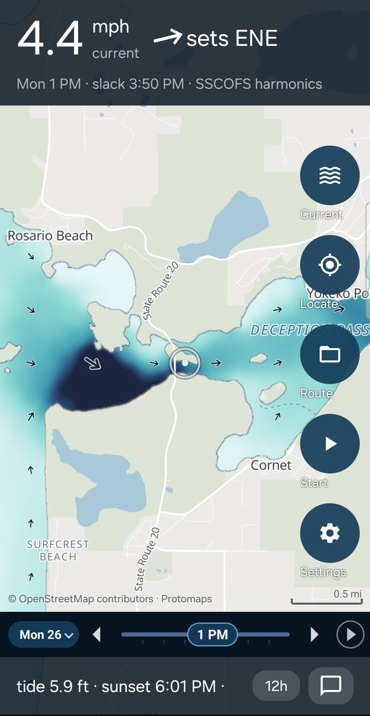 Tansible Paddle showing 4.4 mph of current through Deception Pass