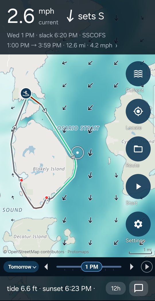A route round Blakely Island, coloured by the current leg by leg